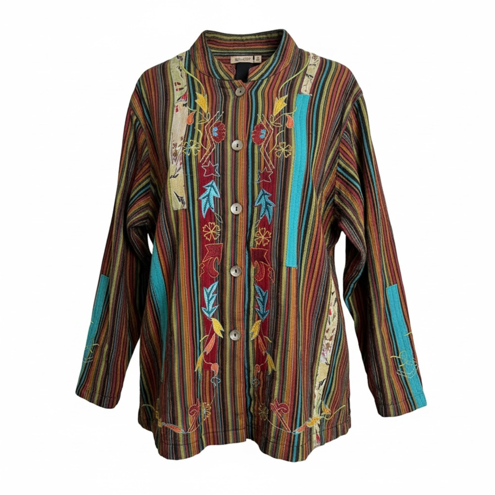 VTG Units Woman Bohemian Stripe Patchwork Embroidered Button Up Shirt Jacket 2X